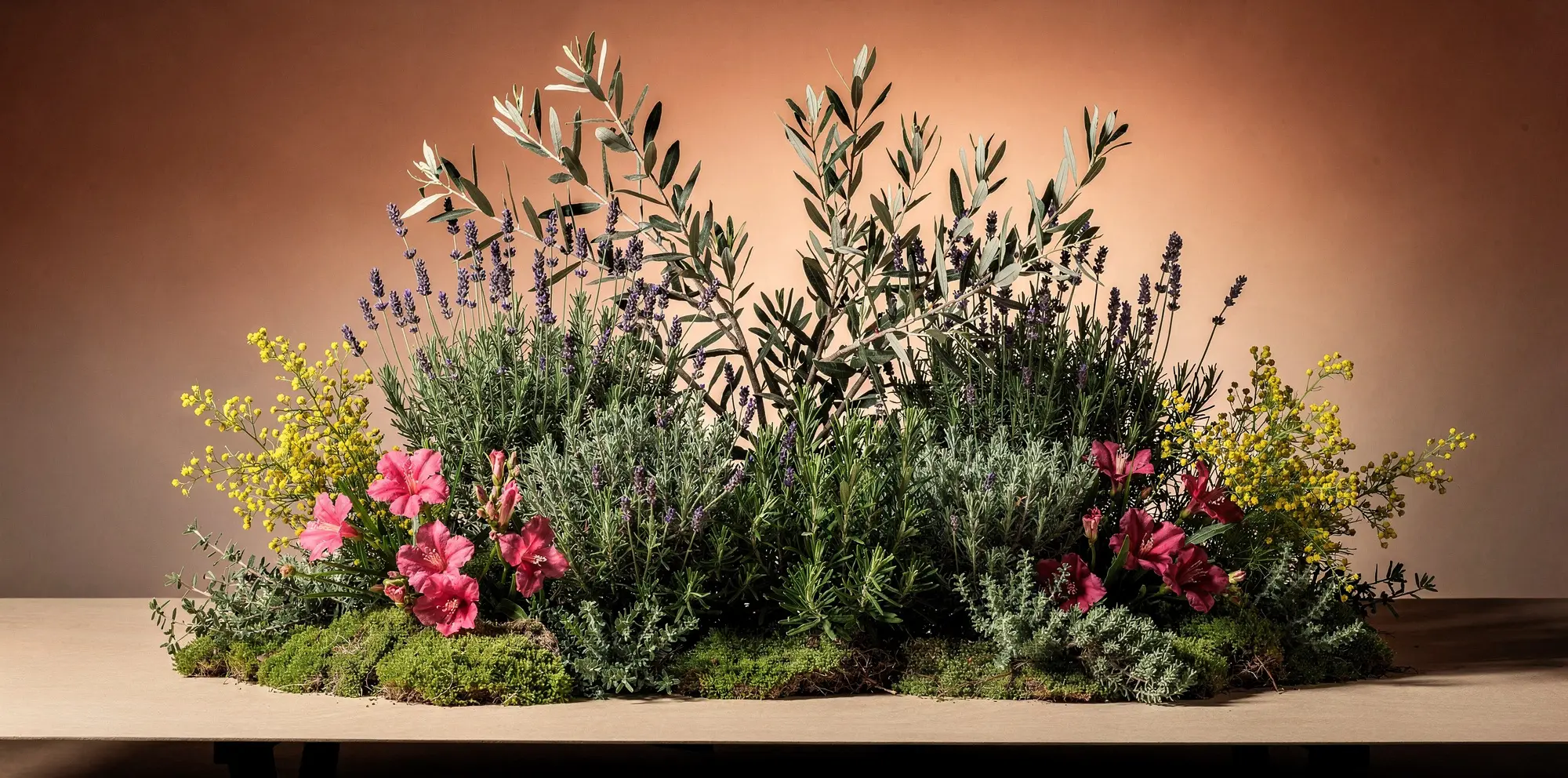 Mediterranean botanicals against a terracotta wall