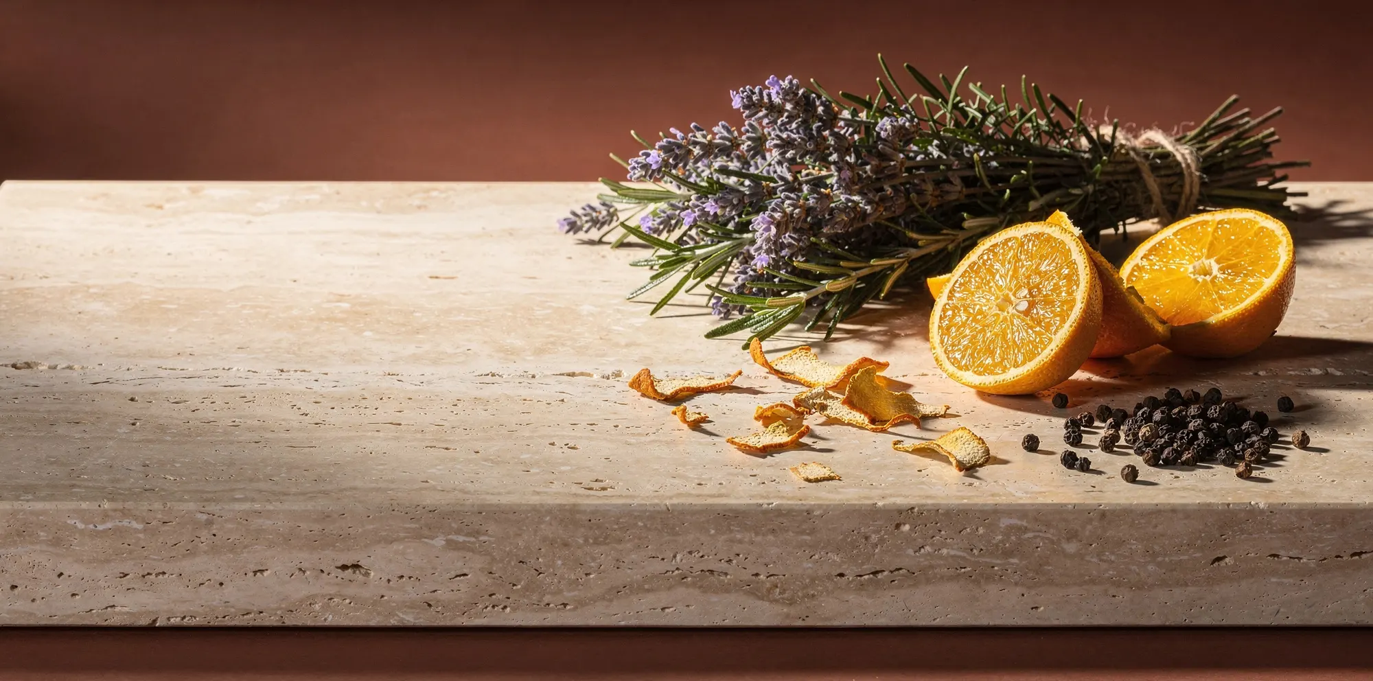 Rosemary, lavender and orange on travertine